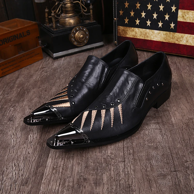 

Black Italian Mens Loafers genuine Leather Metallic Toe Shoes Men Wedding dress Shoes rivets Men Luxury sepatu pria size47