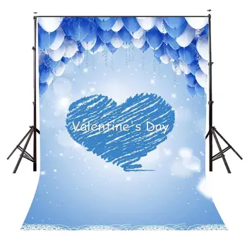 

5x7ft Valentine's Day Backdrop Blue Heart Pattern Backdrop Blue and White Balloons Photography Background Studio Props