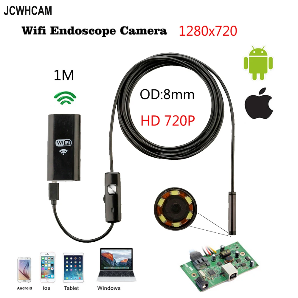 8mm Lens 6LED HD 720P 1M Semi-Rigied Cable WiFi Endoscope IP67 Waterproof Inspection Camera for ios and Android  Smartphone PC