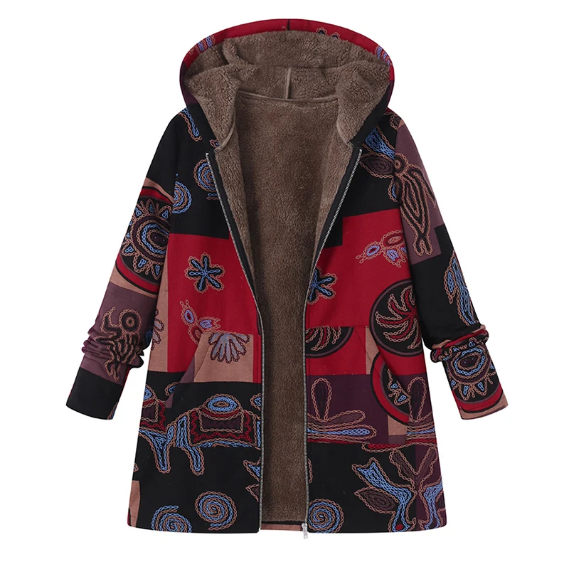 Зимнее модное плотное теплое пальто с длинным рукавом ZANZEA размера плюс женское пальто с искусственным пушистым этническим принтом Basic Chaqueta Mujer - Цвет: Красный