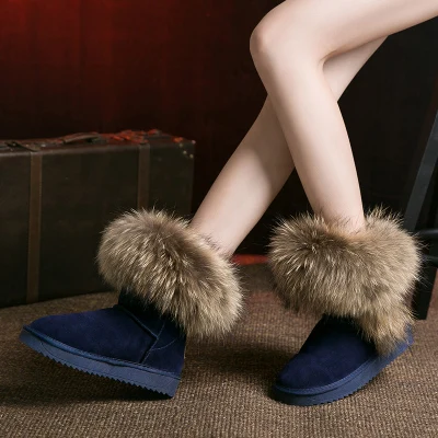 G& ZaCo/роскошные женские зимние ботинки с натуральным лисьим мехом; водонепроницаемые ботильоны из натуральной кожи на плоской подошве; зимние ботинки на натуральном меху - Цвет: dark blue  suede