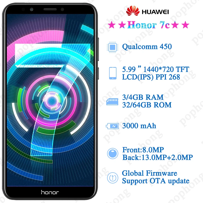 Huawei Honor 7c Android 8.0 мобильный телефон Уход за кожей лица ID 5.9" полный вид Экран Qualcomm Восьмиядерный 13MP двойной сзади камера отпечатков пальцев