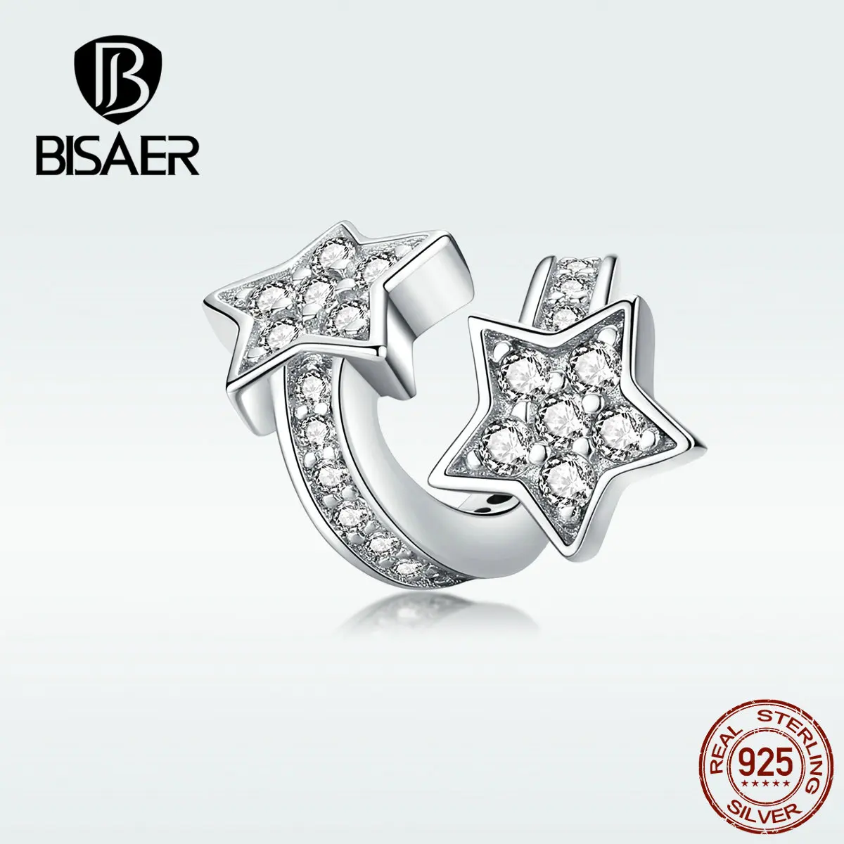 BISAER Luminous Star Clear Cubic Zircon 925 Sterling Silver Star Beads Charms fit Women Bracelets Silver 925 Jewelry ECC1244