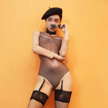 

New DS Costumes Stage Costumes Nightclub Photography Clothes Brown Imitation Lace Print Fake Meat Jazz Dance Jumpsuit DQ11289