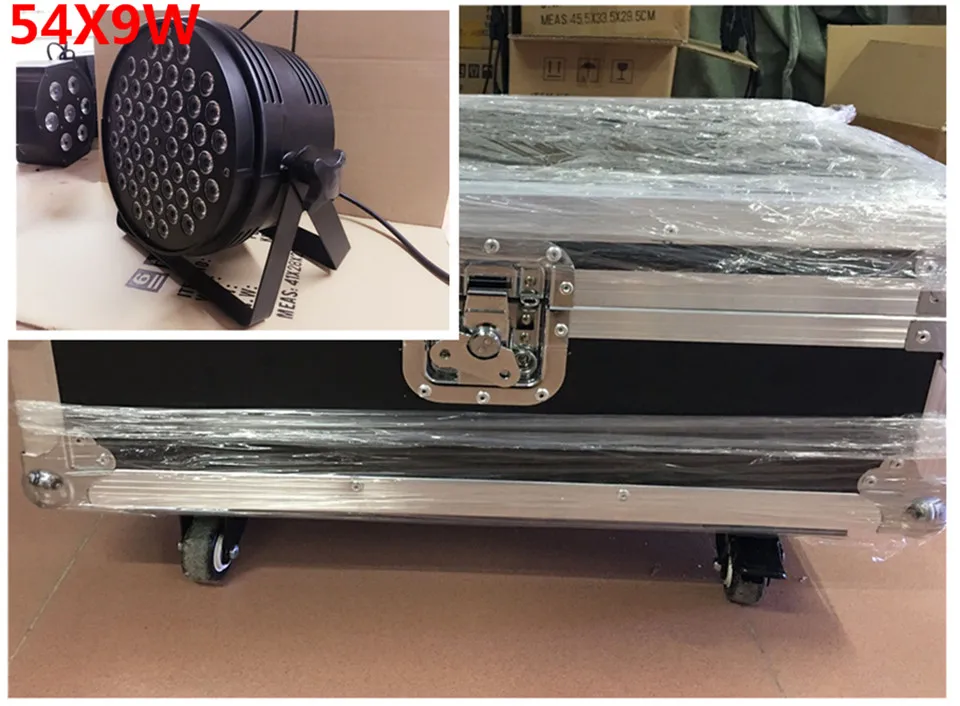 

8 unids 54x9 w led par + flightcase + cable dmx dj luz del disco par led rgb 3in1 lavado dmx controlador de luz dmx