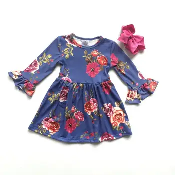 

baby girls clothes Fall/Autumn dress clothing children girls floral sapphire blue dress long sleeve dress with bow