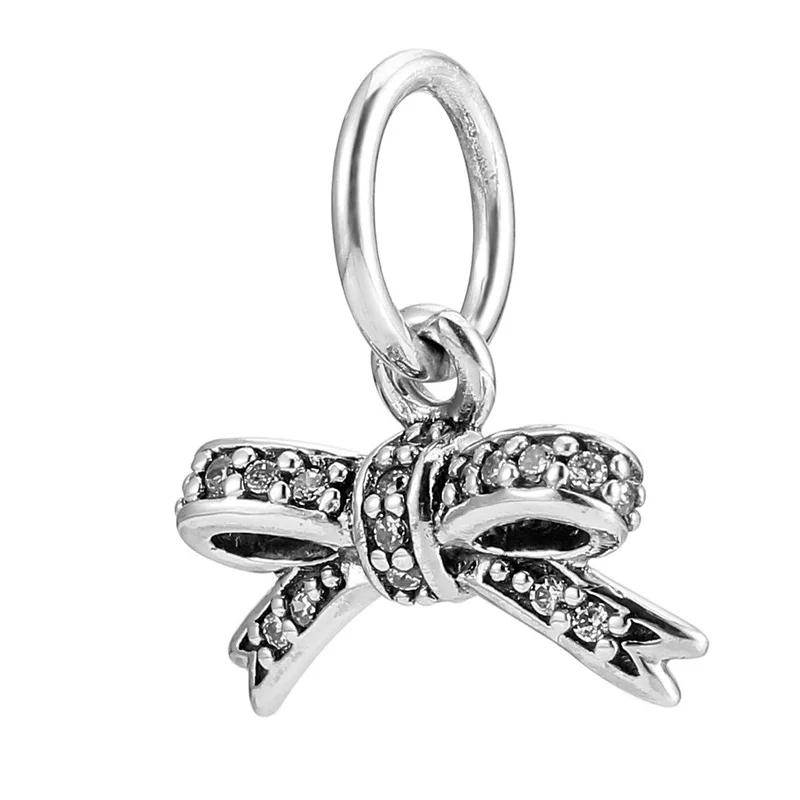 

Authentic 925 Sterling Silver Bead Charm Cute Sparkling Bow With Crystal Pendant Beads Fit Pandora Bracelet DIY Jewelry