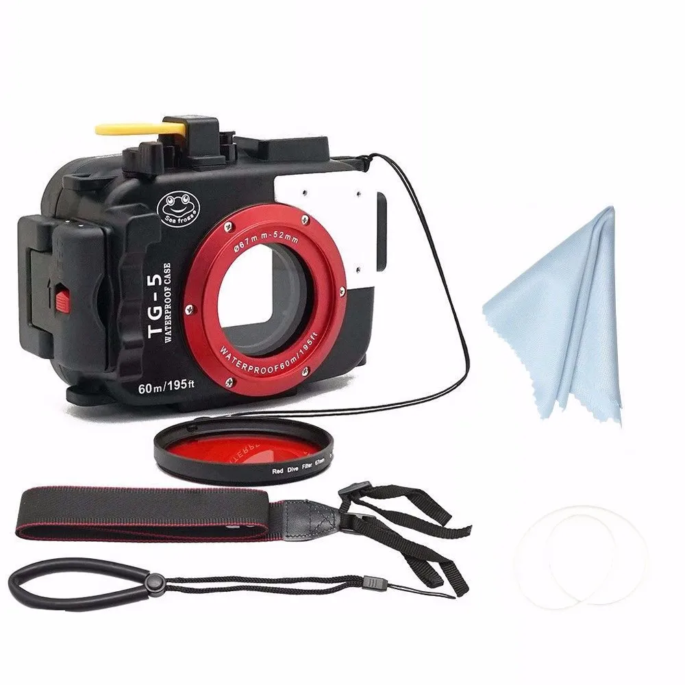 SeaFrogs 60m/195ft Waterproof Underwater Camera Case for Olympus TG5 + 67mm Red Filter 3 colors