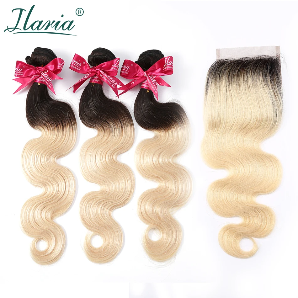 

ILARIA 1B 613 Blonde Hair Brazilian Body Wave Remy Hair 3 Bundles with Lace Closure 2 Tone Root Blonde Ombre Bundle With Closure