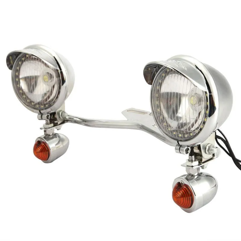 1 Set Chrome 12V Motorcycle Headlight Spot Light + Bullet LED Turn Signals Light With Bracket Bar Set Universal For Harley Honda