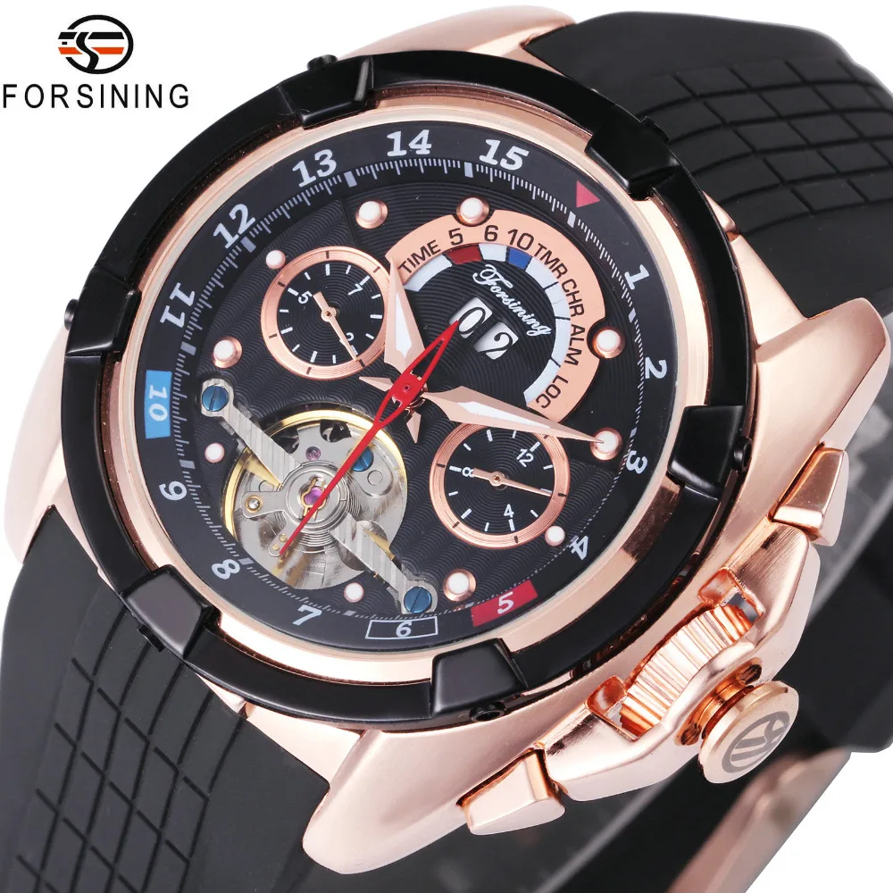 

FORSINING Fashion Sport Tourbillon Watches Men 2018 Top Brand Luxury Calendar Dial Silicone Strap Men Auto Mechanical Watches