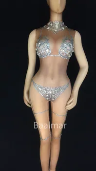 

Women Crystals Nude Jumpsuit Sexy Nightclub Bar Wear Rhinestones Bodysuit Costume Prom Birthday Celebrate Outfit DJ DS Costumes