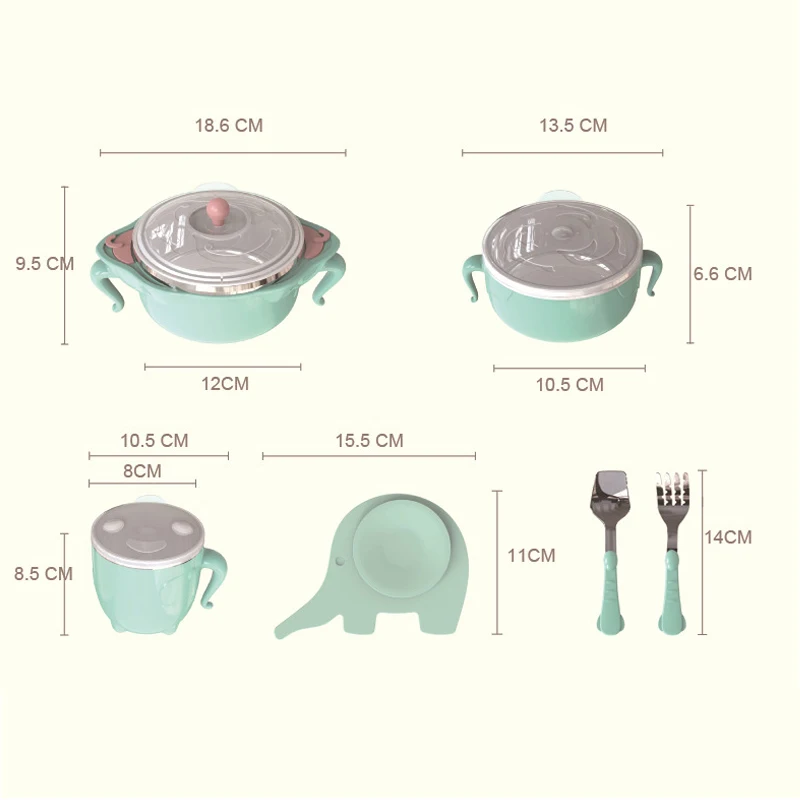 Children dishes set Baby tableware Stainless feeding Insulated Sucker Spoon Fork Cup Heat preservation Anti-hot Training bowl