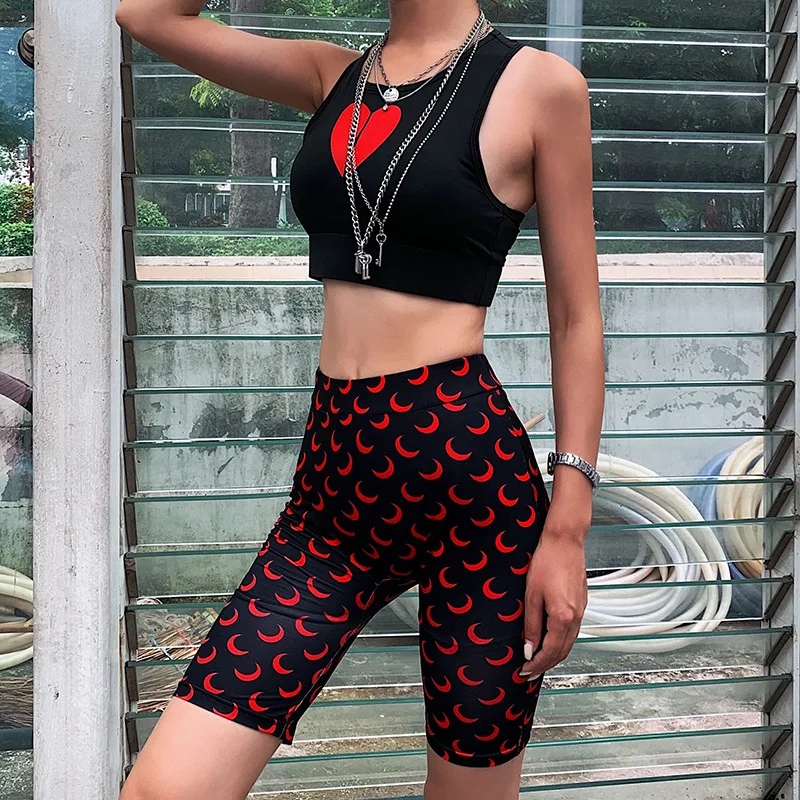 

Aprmhisy high waist fitness biker shorts women summer moon print active workout cycling slim short pants