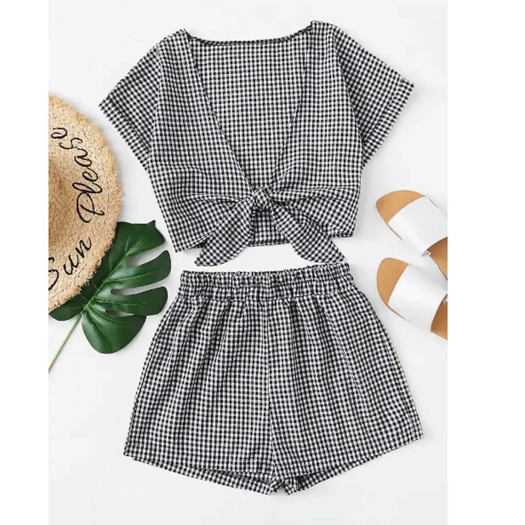 

Fashion summer style suit set women outfits Women Printed Short Sleeve Bandage V-Neck Blouse+Shorts Hot Pants Set#G