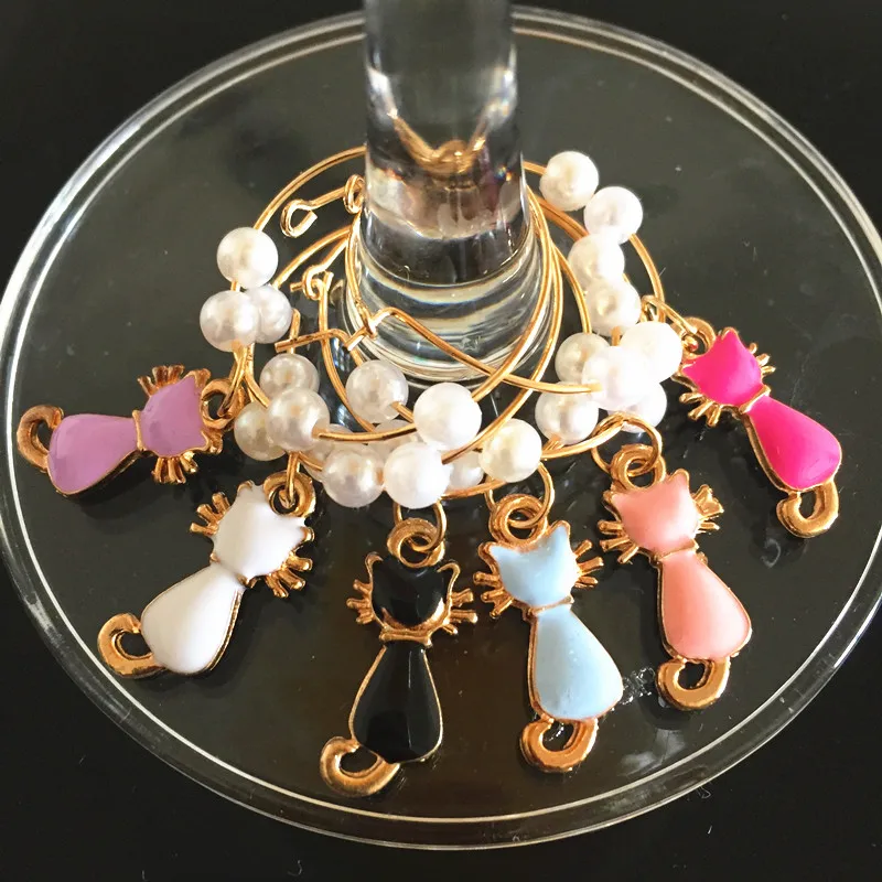 6 Pieces Kitty Cat Wine charm New Fashion Wine Glass Charms Rings Marker Christmas Party Bar Table Decorations Christmas Gift wine glass markers