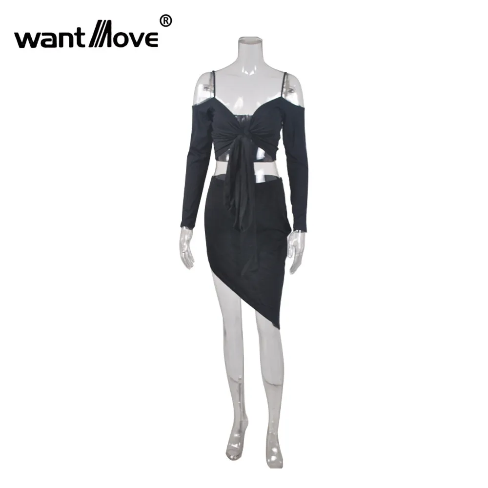 Женский комплект с юбкой Wantmove длинным рукавом треугольным вырезом и высокой