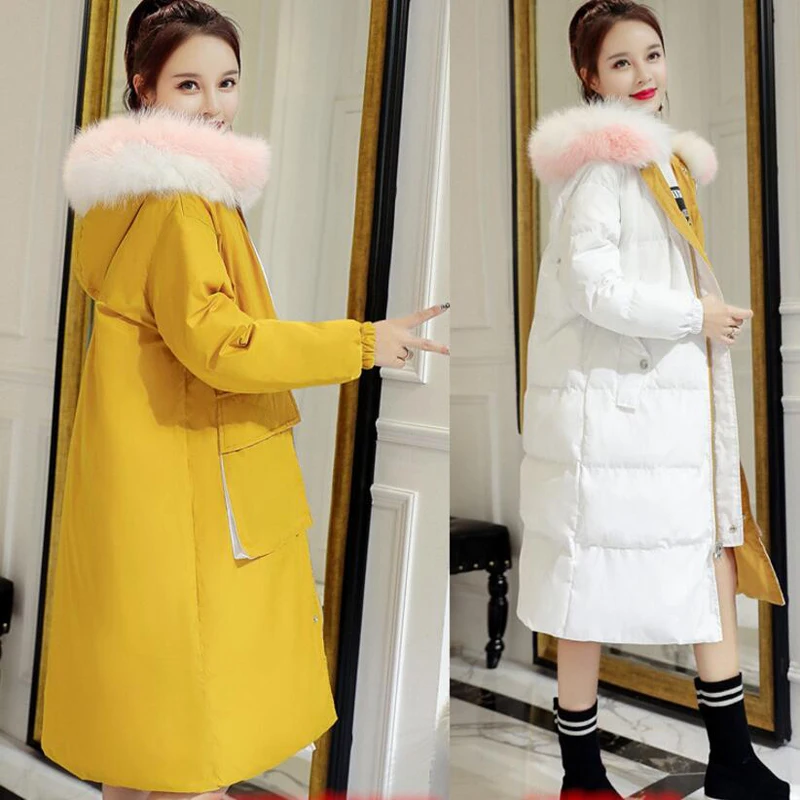 Both Sides Wear Women Long Winter Jacket Thicken Warm White Duck Down Coat Women Winter Fur Collar Hooded Outwear Coat YP1231
