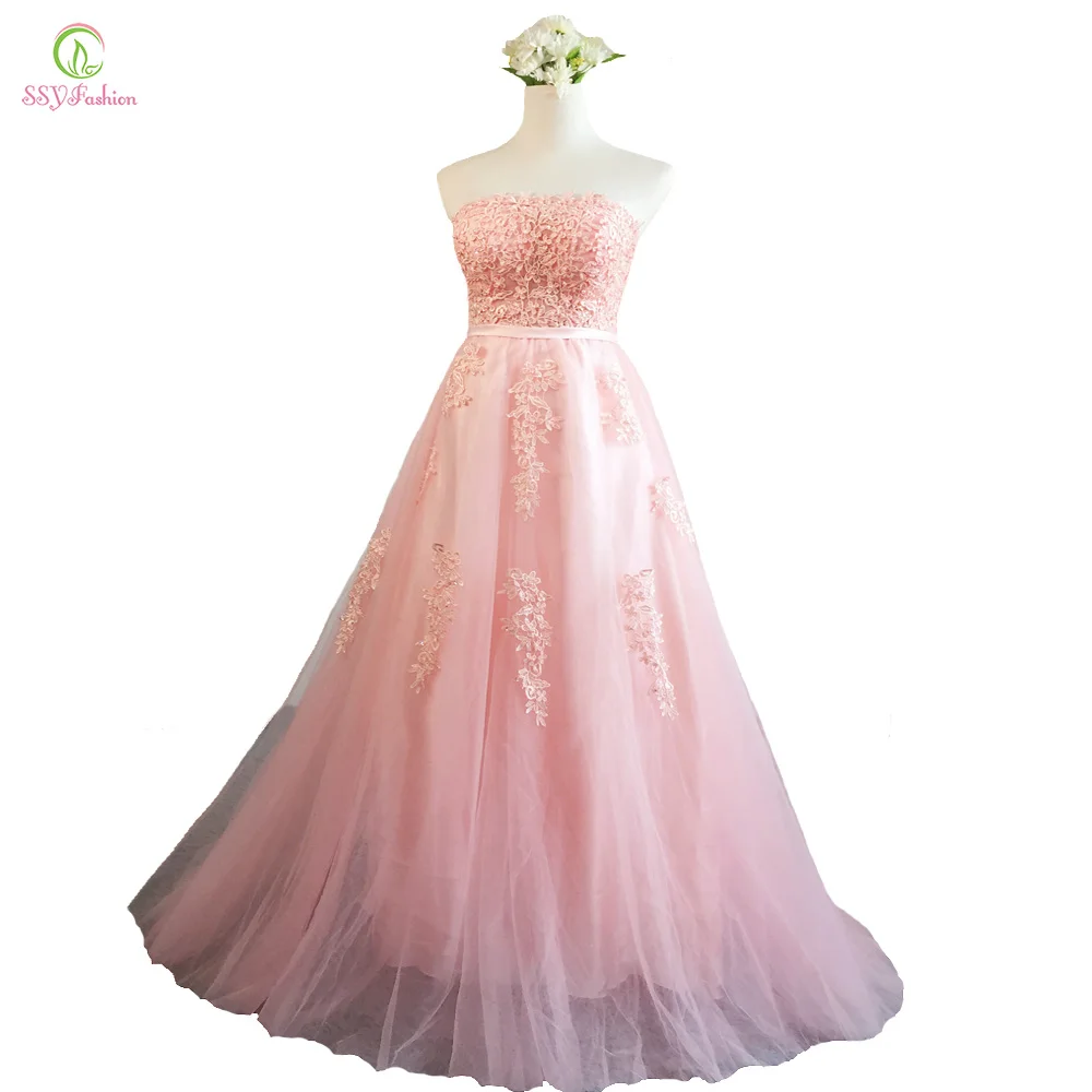 

SSYFashion New Pink Lace Evening Dress Bride Sexy Strapless Sleeveless A-line Sweep Train Appliques Long Prom Dresses Party Gown