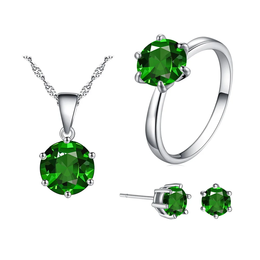 

2019 Minimalist Six Claws Setting Round Cubic Zirconia Pendant Necklace Stud Earring Ring Jewelry Set for Women Jewelry Gift