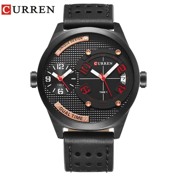 

CURREN luxury brand 2017 New black leather Strap Fashion Casual Business 30 meter Waterproof Relogio Mascu Dual time zone 8252