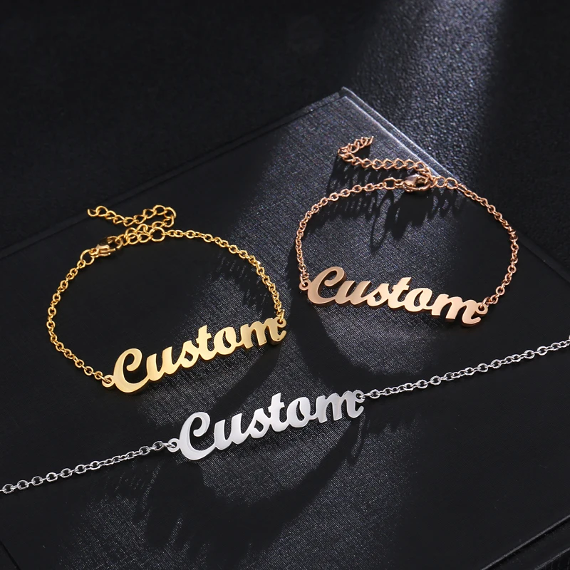 

Custom Name Bracelets Custom Jewelry Women Gold Stainless Steel Bracelets Pendants Engraved Personalized Jewelry Wedding