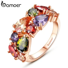 BAMOER Unique Design Rose Gold Color Mona Lisa Ring for Female Wedding with AAA Colorful Cubic Zircon Bijouterie JIR052