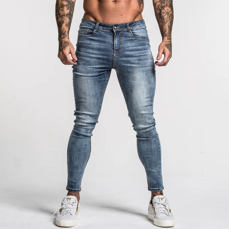 Gingtto-pantalones vaqueros ajustados para hombre, Jeans elásticos de algodón, color azul descolorido, cintura estilo clásico Hop, cómodos, zm46 - AliExpress Ropa de hombre