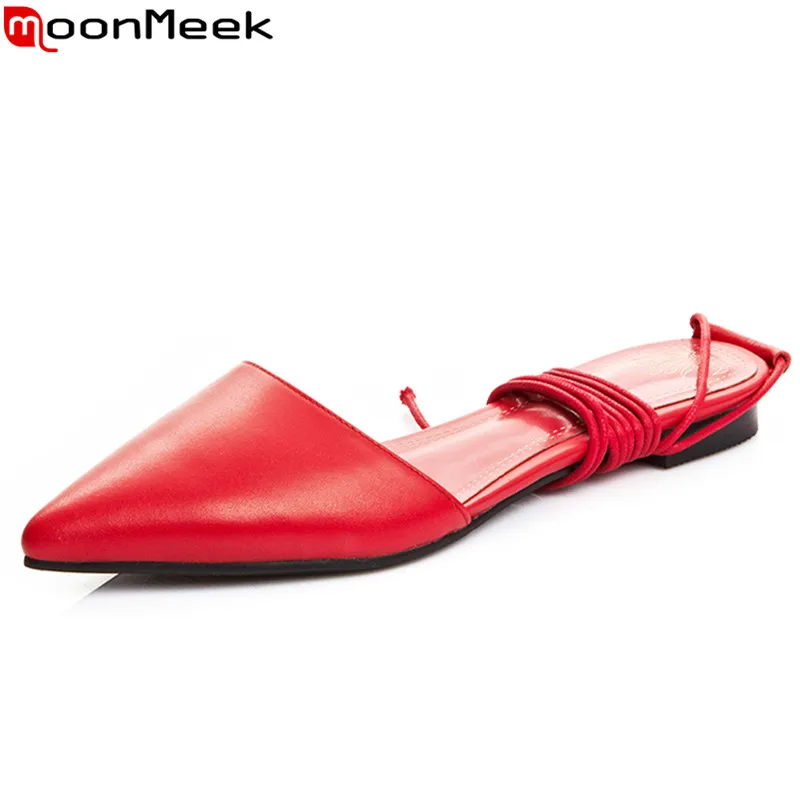 

MoonMeek 2018 new arrive women flats sandals pointed toe ankle strap summer shoes sexy genuine leather ladies prom shoes