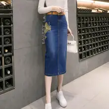 Корейская модная джинсовая юбка Винтаж вышивка Высокая Талия Тонкий Для женщин юбки женские офисные пикантные Жан Разделение посылка бедра юбка p128