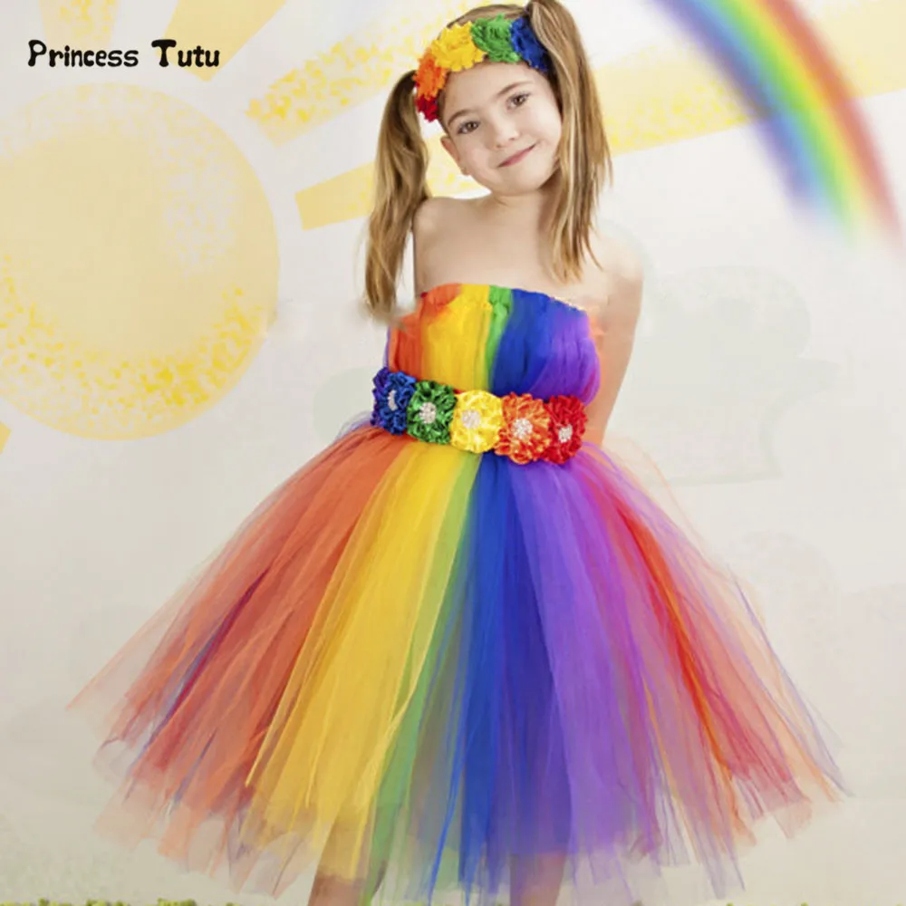 Colorful Rainbow Girls Dress Princess Ball Gown Tutu Dress For Party