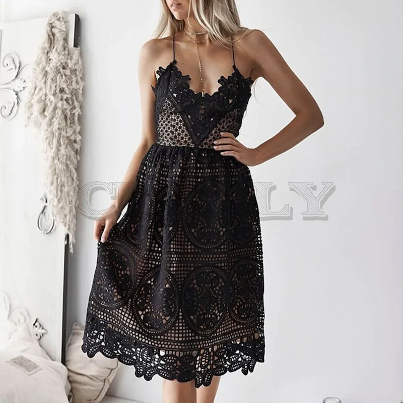 

CUERLY Sexy Party Dress Women Summer Deep V Neck Backless Lace Dresses Fashion Sleeveless Halter Bandage Midi Dress Vestidos