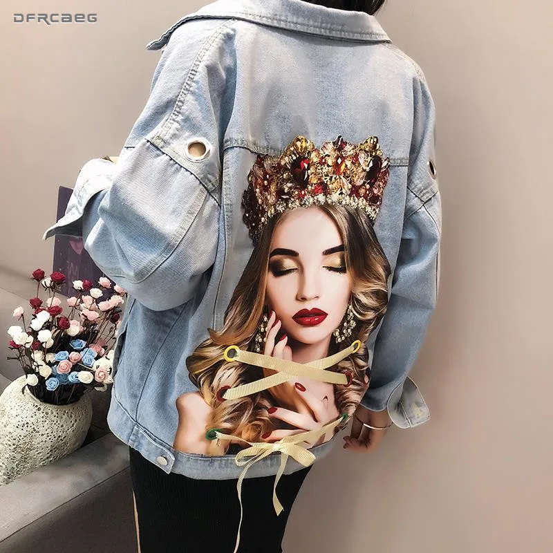 

Portrait Print Women Jeans Jacket With Eyelet 2019 Fashion Summer Streetwear Denim Beading Coat Loose Vintage Outwear