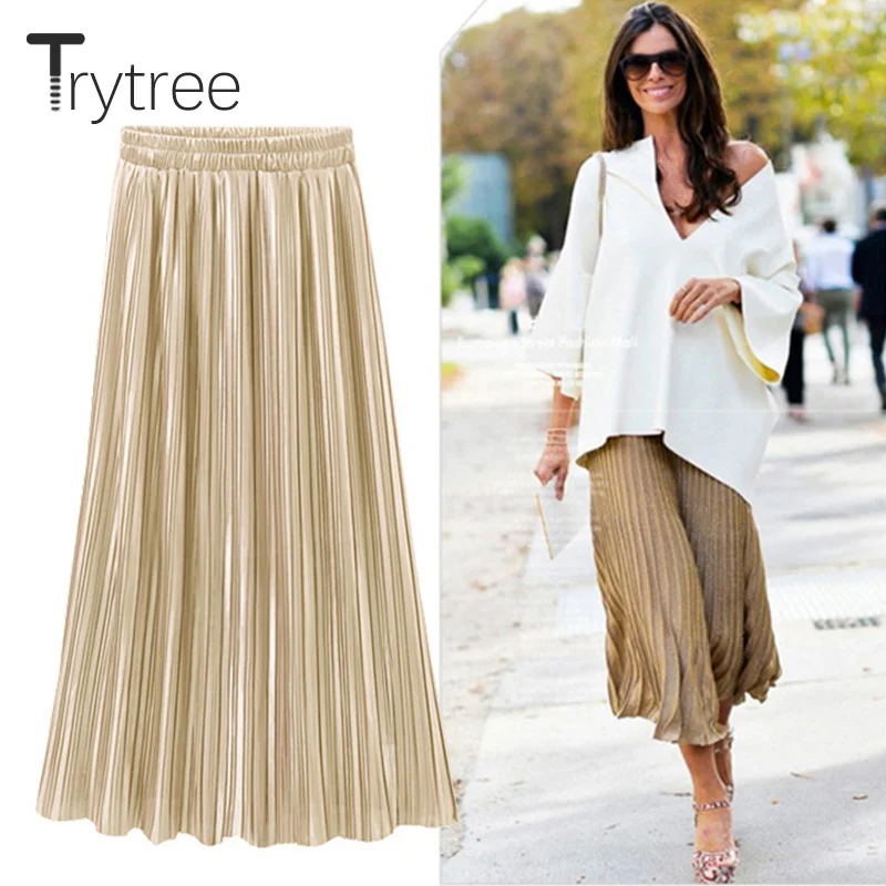 Trytree 2019 Spring Summer New Pleated Skirt Womens Casual High Waist Skirt Solid Long Skirts Classical Metallic Skirt Female Trytree 2019 Spring Summer New Pleated Skirt Womens Casual High Waist Skirt Solid Long Skirts Classical Metallic Skirt Female