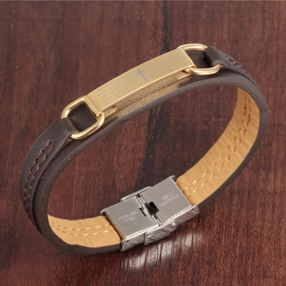 Jiayiqi, модный коричневый кожаный браслет с крестом из библейской кожи, мужские браслеты и браслеты из нержавеющей стали, мужские винтажные ювелирные изделия в стиле панк