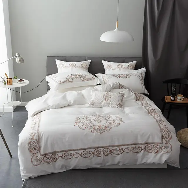 Cheap 60S long-staple cotton White Luxury satin 100% Egyptian Bedding Sets jacquard Queen King Size Duvet Cover Flat Sheet Elephant Cheap 60S long-staple cotton White Luxury satin 100% Egyptian Bedding Sets jacquard Queen King Size Duvet Cover Flat Sheet Elephant