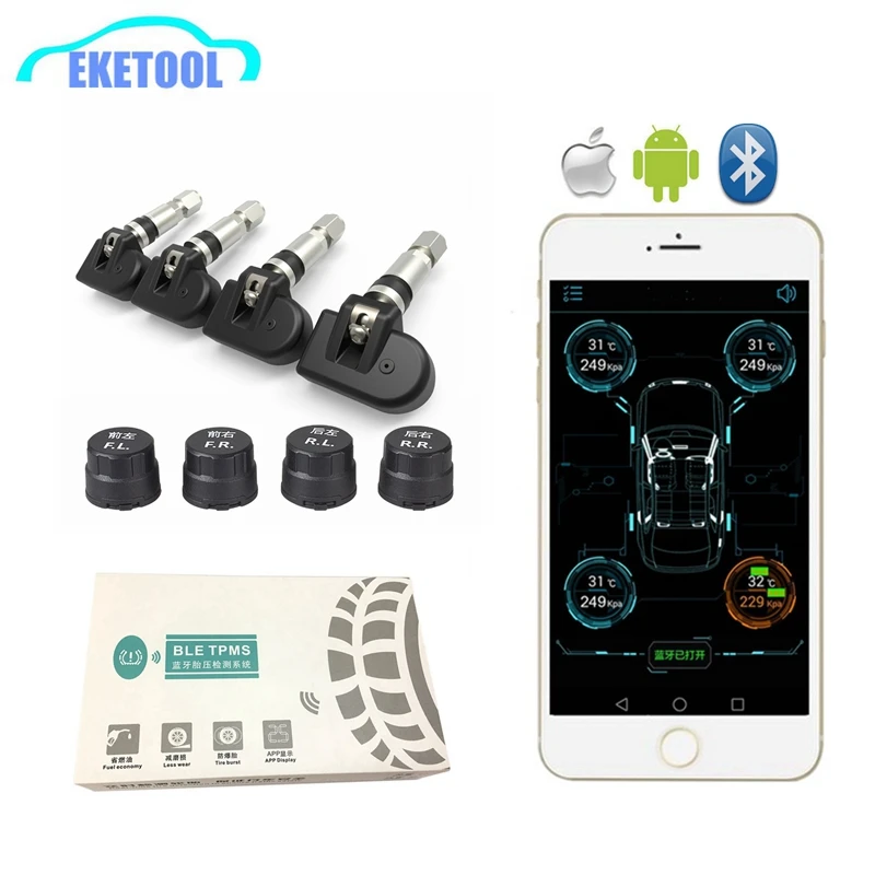 TPMS Car Care Safety Tire Pressure Monitoring System TPMS Bluetooth 4.0 For Android/IOS Phone Alarm Warning 4 Sensor