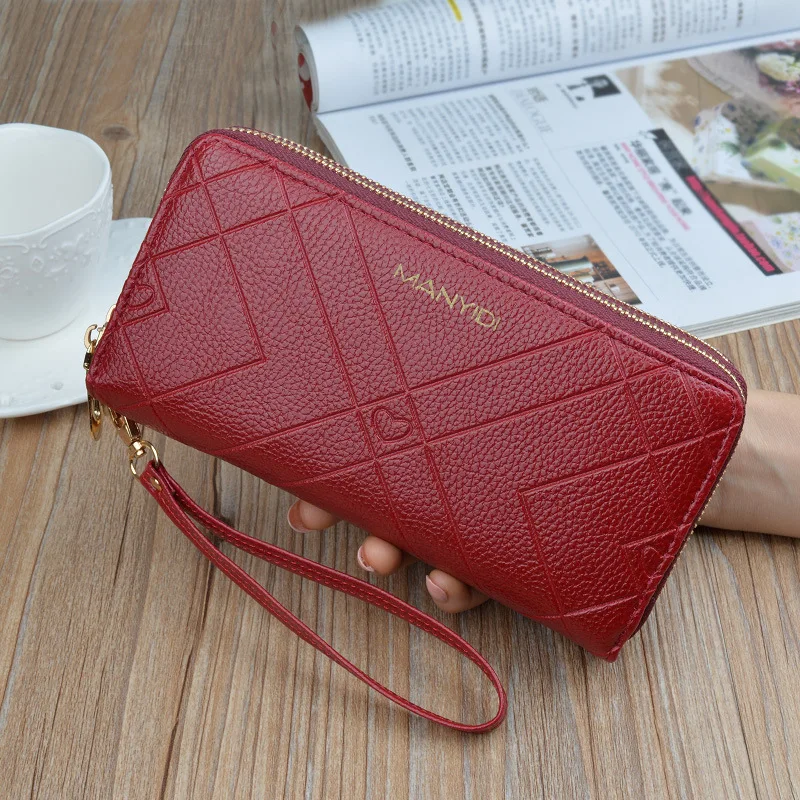 

Women Wallets Double Zipper PU Leather ID/Credit Card Holder Red/purple/pink/blue/black Long Purse Women Fashion Wallet Female