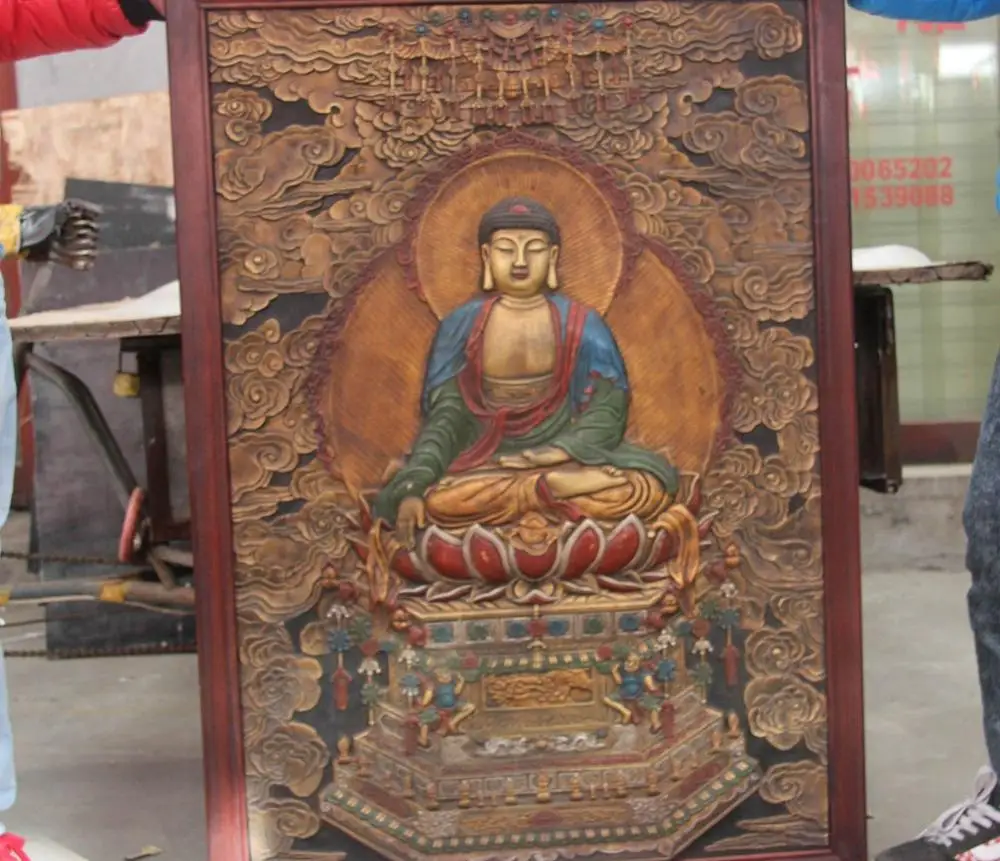free shipping Tibet Wood inlay Copper board Painted Buddhism Tathagata