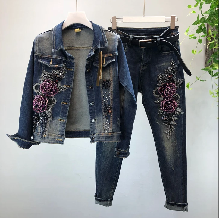 2019 Spring Autumn Woman Long-sleeve Denim Jackets Embroidered Coat + Dark Blue Retro Jeans Two Piece Sets Slim Pencel Pants Set plus size pjs