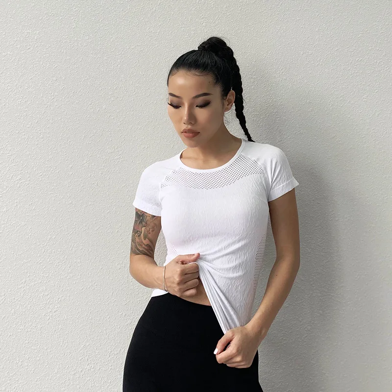 

Hollow Sports Top Women Moisture Quick Dry Yoga Shirt Short Sleeve Fitness Running Gym Workout Sportswear Breathable Shirt