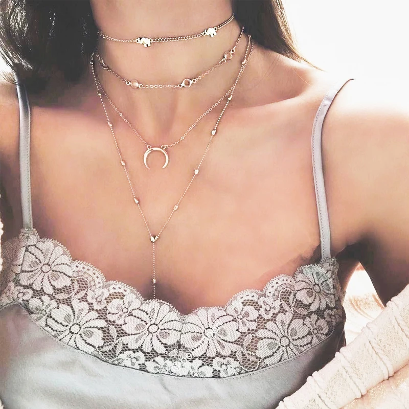 

2018 New Fashon Women Bohemian Multilayer Chain Bar Necklace Vintage Alloy Moon Elephant Pendant Necklace Boho Choker Jewelry