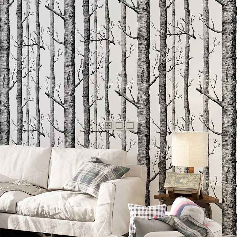 

beibehang Wallpaper Nordic style modern minimalist living room branches birch forest atmosphere stylish non-woven wallpaper