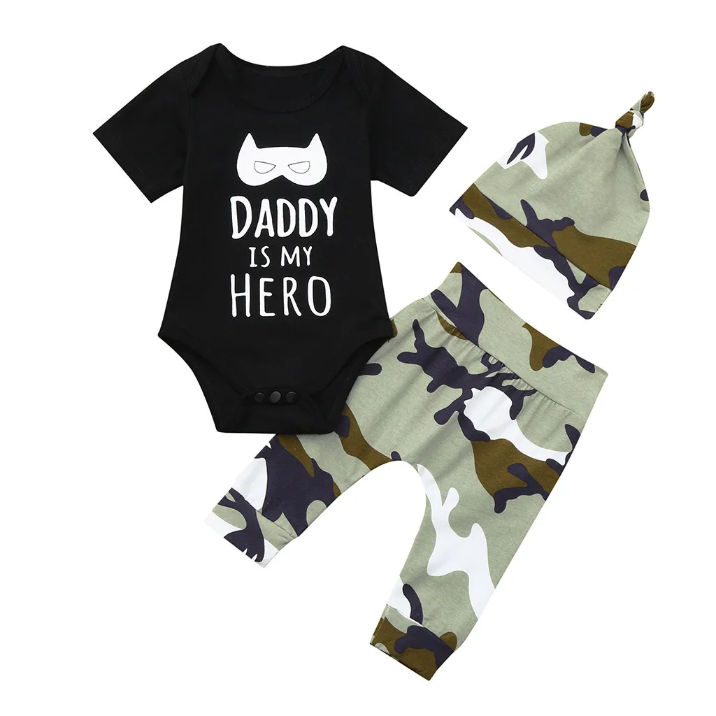 

New cartoon camouflage daddy is my hero Newborn Infant Baby Boy Clothes Letter Cartoon Romper Tops+Camo Pants Outfit Set