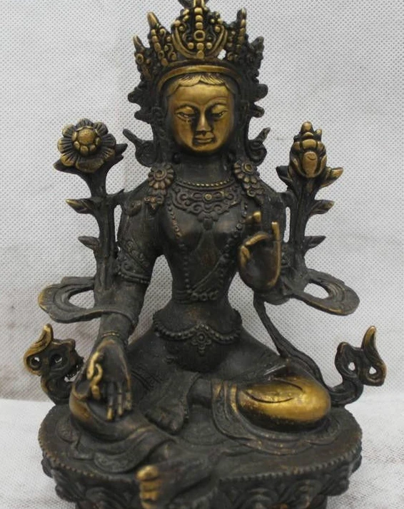 

8"Chinese Tibet Buddhism Folk Brass Lucky Green Tara Kwan-Yin Buddha Statue