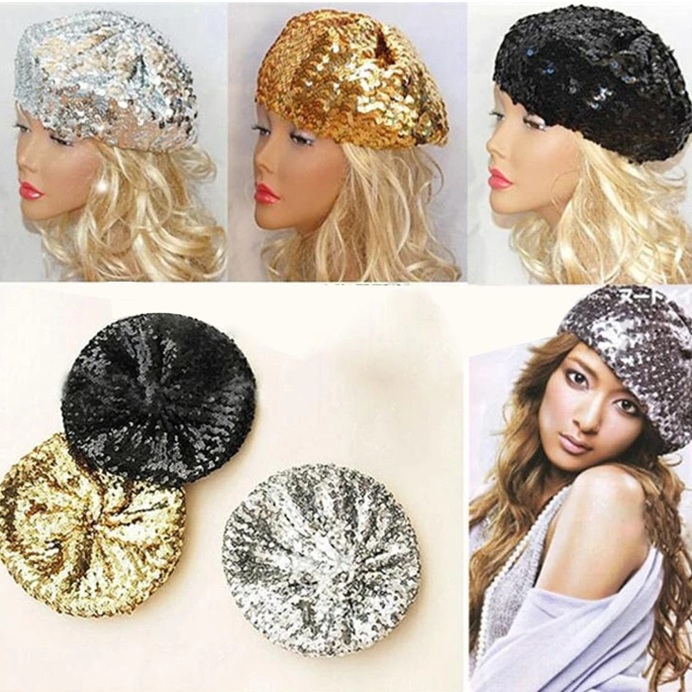 3 Types Fashion Girls Sequins Caps Berets Bling Hat Adjustable Sun Hats