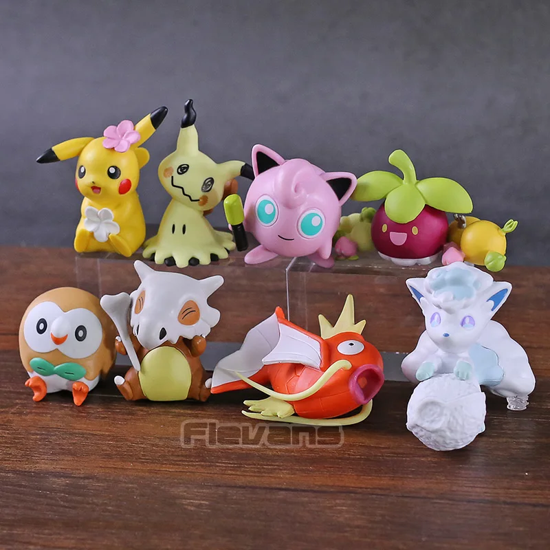 

Anime Cartoon Pikachu Mimikyu Vulpix Jigglypuff Cubone Rowlet Magikarp Bounsweet PVC Collectible Figures Toys 8pcs/set