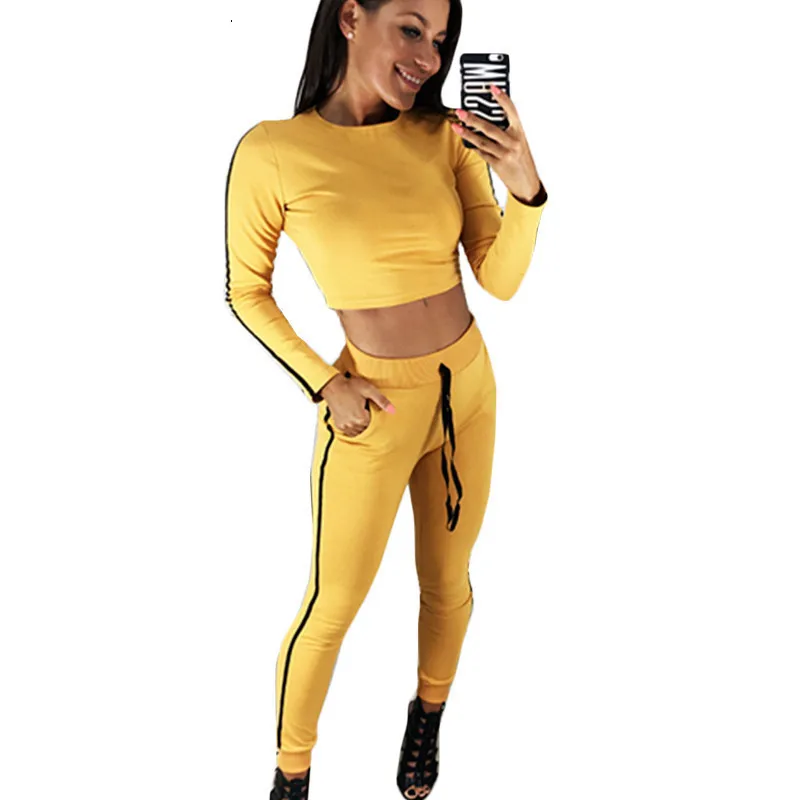 

2019 Autumn Two Piece Set Women Tracksuit Striped Crop Top and Pants Set Sportswear 2 Piece Set Suits Casual Pullover Sweatshirt