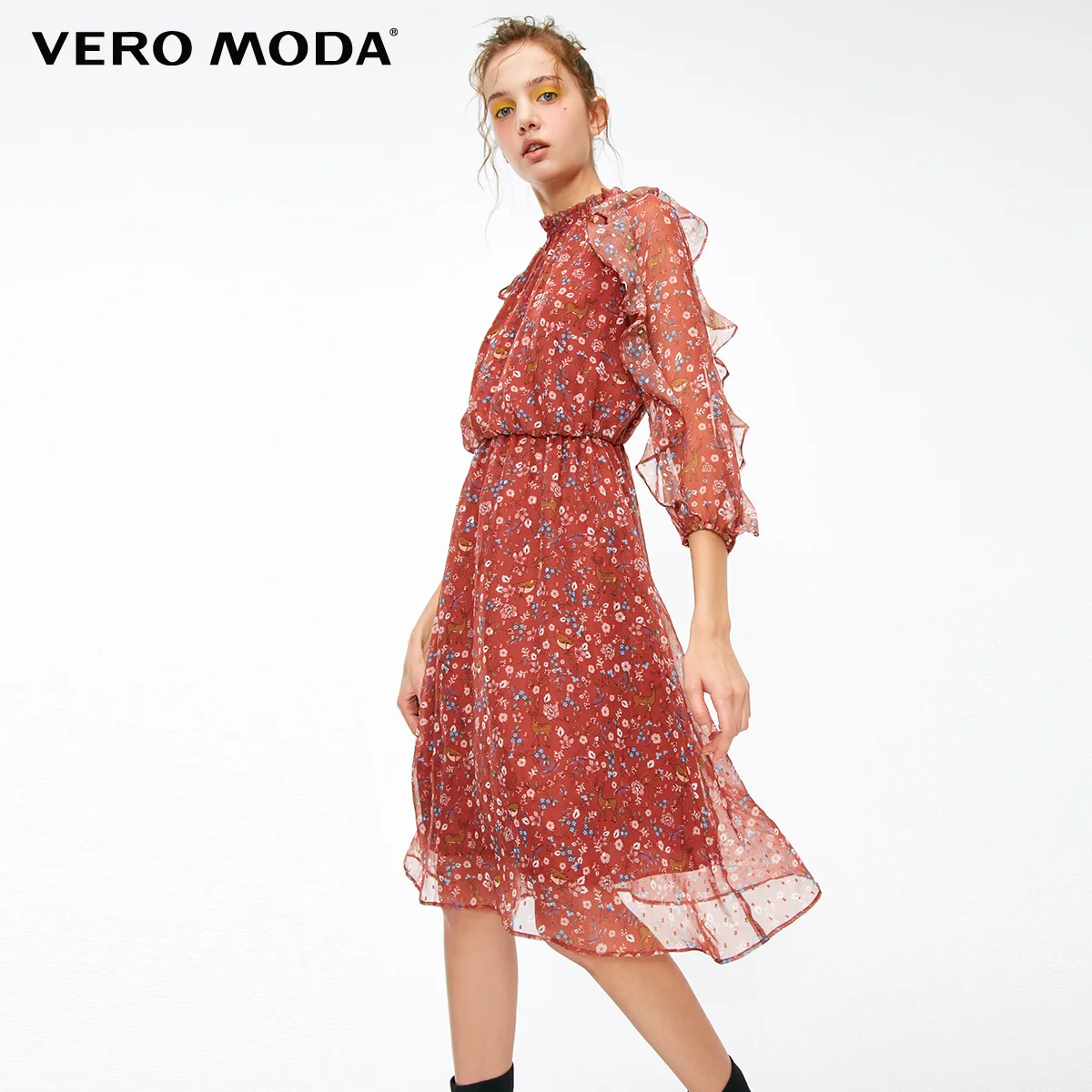 Vero Moda Новое Женское шифоновое платье с оборками и принтом | 31847C516 - Цвет: Rich copper