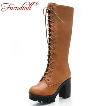 

FACNDINLL women autumn winter boots sexy high heels platform shoes woman knee high boots black brown long boots big size 34-43